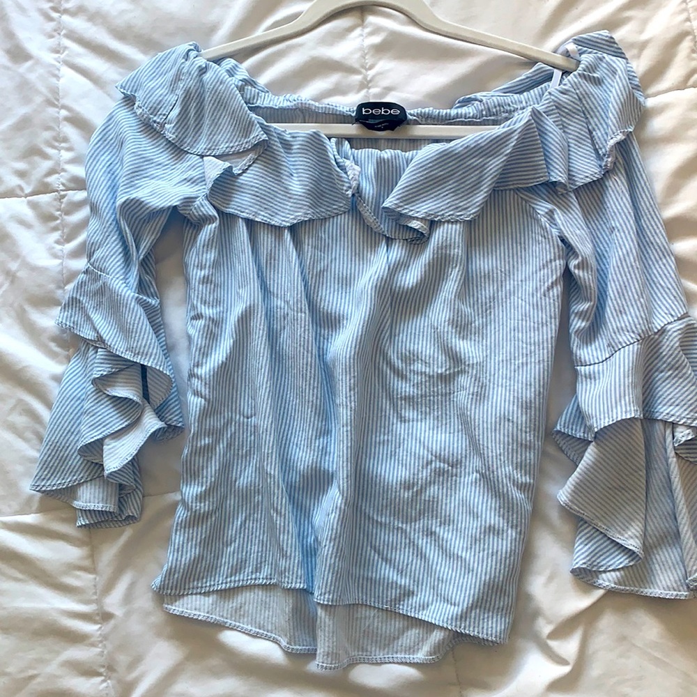 BEBE- Long sleeved striped off the shoulder blouse